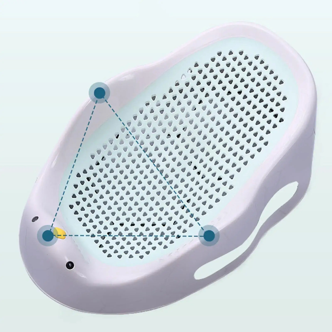 Portable blue baby bath support lounge with non-slip triangular design for safety and easy drainage.
