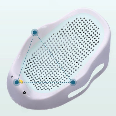 Portable blue baby bath support lounge with non-slip triangular design for safety and easy drainage.