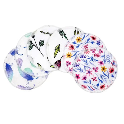 Set of 6 floral patterned washable nursing pads, made from bamboo fiber, perfect for breastfeeding mothers.