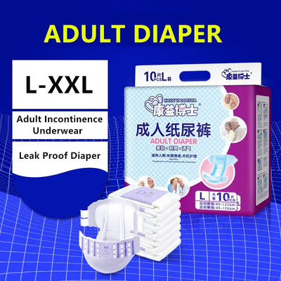 Adult leak-proof diaper packaging with size options from L to XXL, suitable for incontinence care.