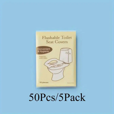 Flushable toilet seat covers pack, convenient and hygienic for public toilets, 50 pieces in 5 packs.