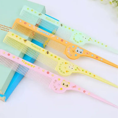 Colorful baby hair care brushes featuring cartoon patterns, perfect for detangling kids' hair.