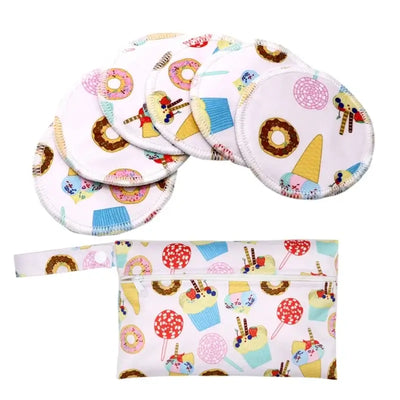 Set of 6 washable nursing pads in colorful dessert patterns, with a matching pouch for storage.