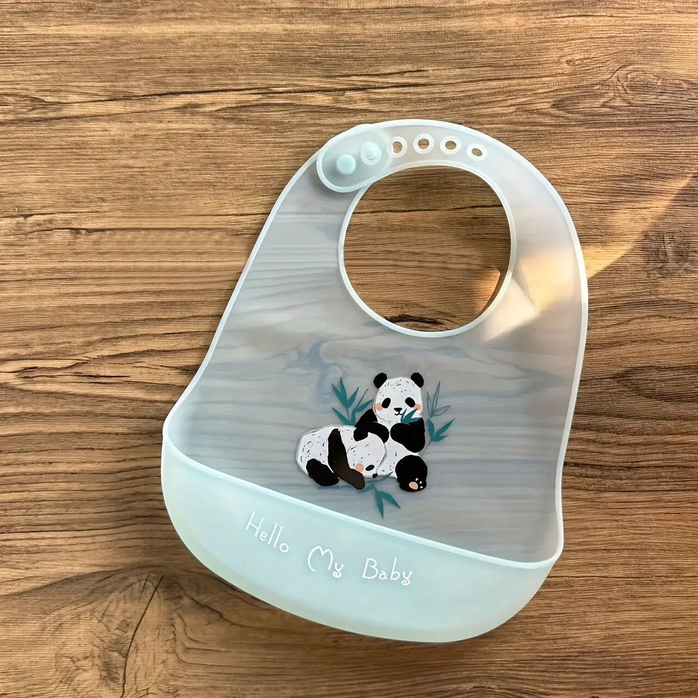 Cute silicone baby bib with panda design and 'Hello My Baby' text, ideal for feeding kids aged 1-3 years.
