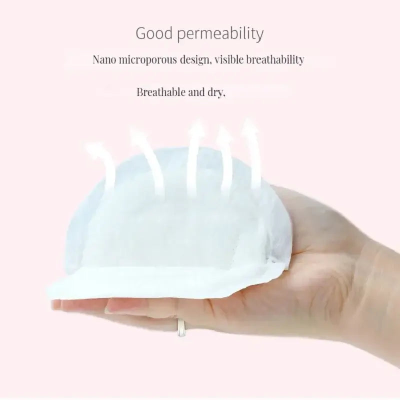 Disposable nursing pad showcasing good permeability and breathable design in a hand, emphasizing comfort for breastfeeding.