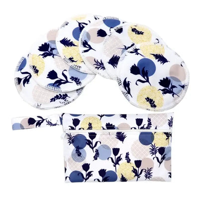 6 washable nursing pads with a storage pouch, featuring floral pattern in blue, yellow, and beige for breastfeeding moms.