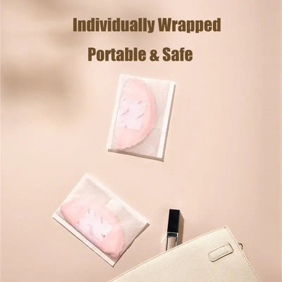 Individually wrapped disposable nursing pads showcasing portability and safety features on a neutral background.