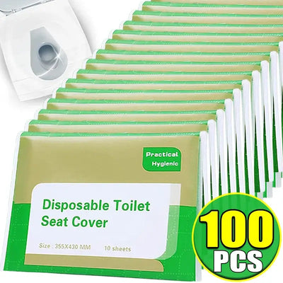 100 pack of disposable toilet seat covers in green packaging, designed for travel and hygiene.
