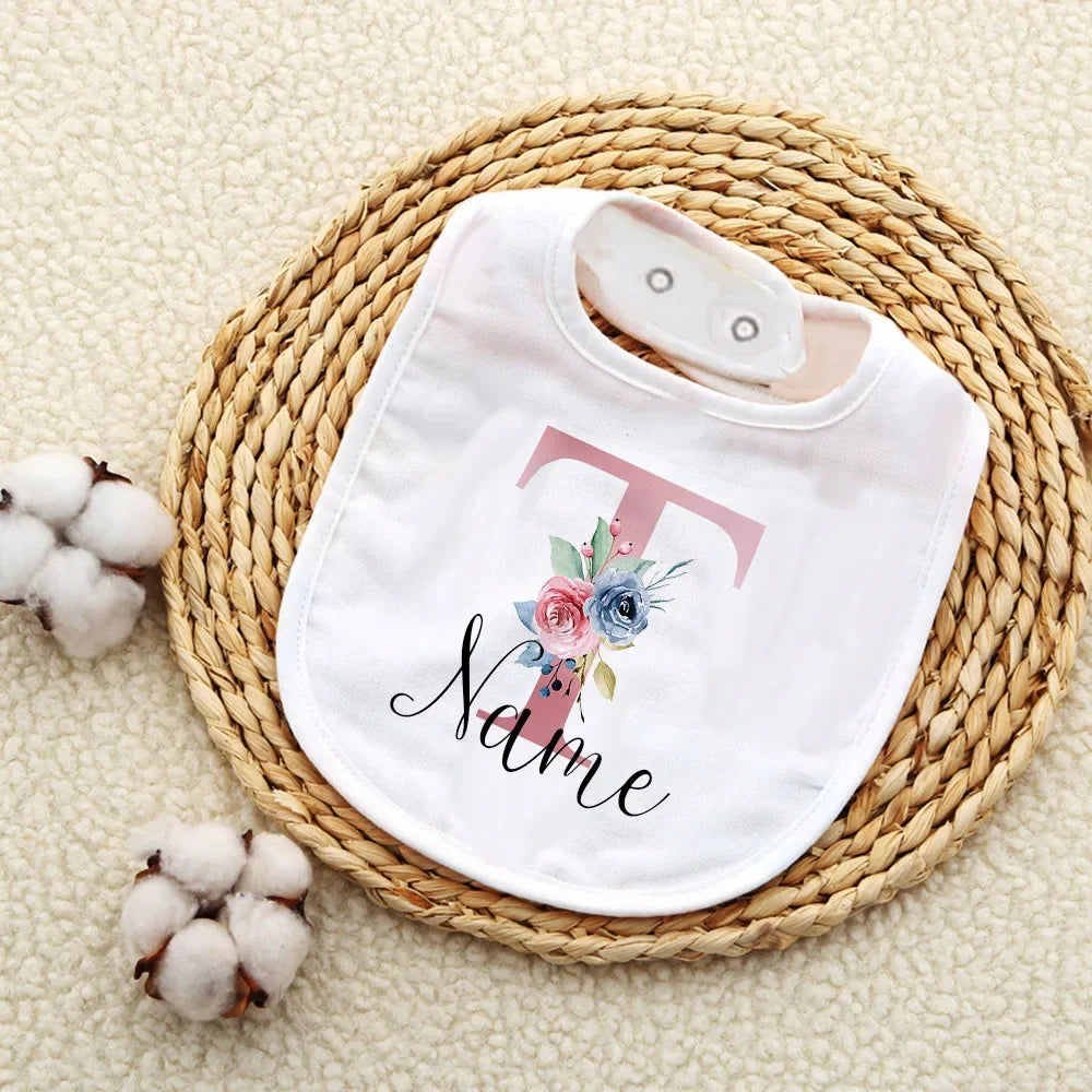 Personalised Baby Bibs Custom Initial with Name Girls Cotton Bib Newborn Saliva Towel Flower Print Bib Baptism Baby Shower Gifts