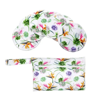 Set of 6 washable nursing pads with floral design and matching storage pouch for breastfeeding mothers.