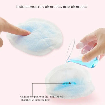 Demonstration of super soft disposable nursing pads absorbing liquid without spilling, highlighting instant absorption features.