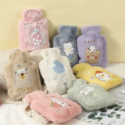 Cute kawaii 500ML soft hot water bottles in various pastel colors for winter hand warming.