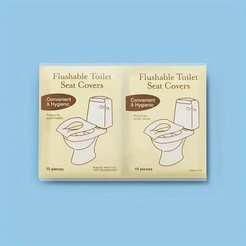 Flushable toilet seat covers pack, 10 pieces, convenient and hygienic for public restrooms, made from wood pulp.