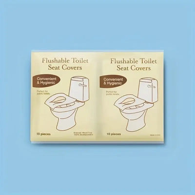 Flushable toilet seat covers pack, 10 pieces, convenient and hygienic for public restrooms, made from wood pulp.