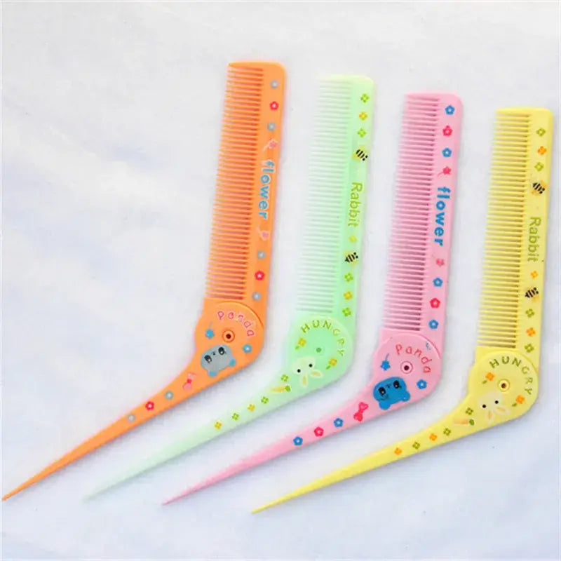 Cute cartoon hair care brushes for kids, portable folding combs in pastel colors with animal designs.