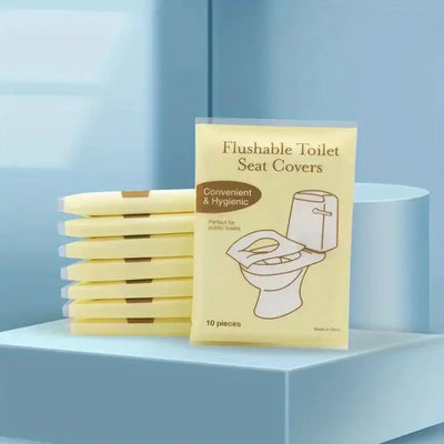 Flushable toilet seat covers pack, convenient and hygienic for public restrooms, includes 10 disposable paper covers.