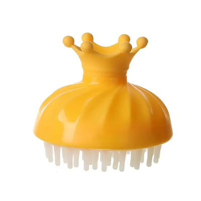 Baby shampoo cup with crown design, soft comb for gentle hair washing and scalp massage for toddlers.