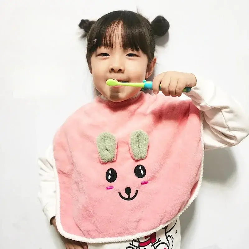 Cute girl in cartoon bib brushing teeth, perfect for 3-8 years kids, soft cotton, unisex, suitable for face washing.