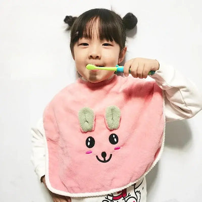 Cute girl in cartoon bib brushing teeth, perfect for 3-8 years kids, soft cotton, unisex, suitable for face washing.