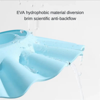 Blue baby shower cap made of EVA hydrophobic material with anti-backflow design for effective hair washing.