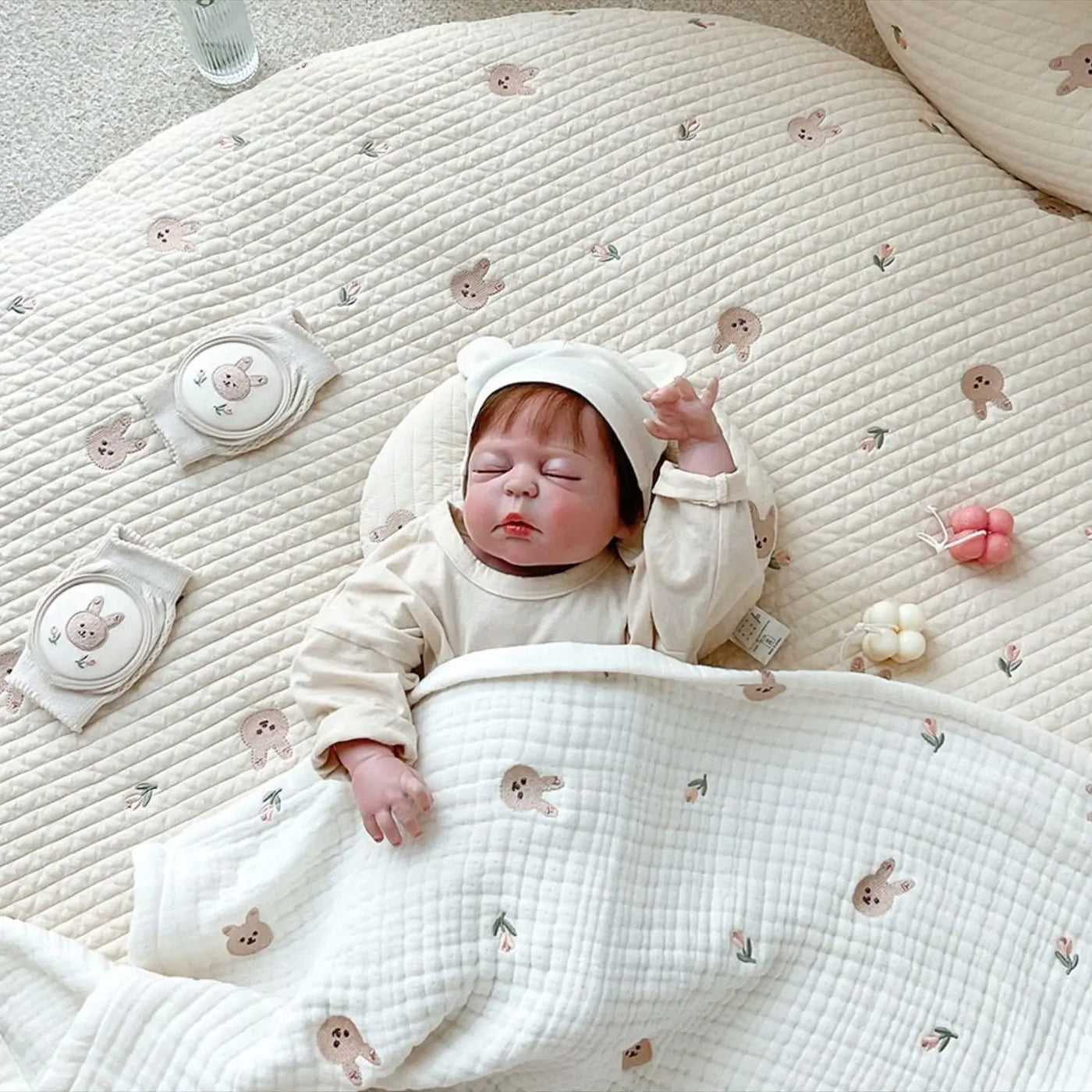 Circular Baby Changing Mat Cartoon Crawling Mat Diaper Pad Washable Floor Mat Rabbit Flower Embroidered Kids Room Decoration