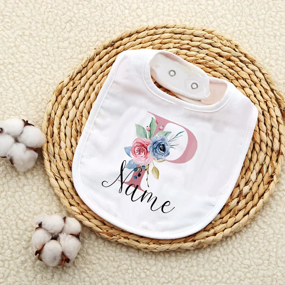 Personalised Baby Bibs Custom Initial with Name Girls Cotton Bib Newborn Saliva Towel Flower Print Bib Baptism Baby Shower Gifts