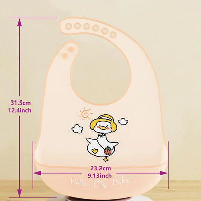 Cute adjustable waterproof silicone baby bib with cartoon duck design, perfect for feeding kids aged 1-3.