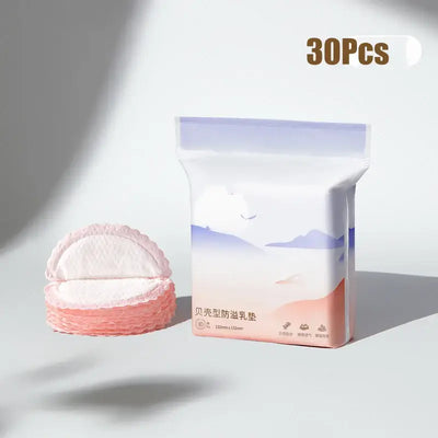 Pack of 30 disposable nursing pads with ultra-soft design, shown with pads in a pink wrapper.