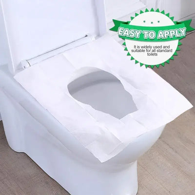 Disposable toilet seat cover placed on a standard toilet for hygiene and convenience during travel and camping.