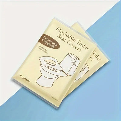 Flushable toilet seat covers pack with 10 pieces; convenient, hygienic, and disposable for travel, camping, or hotels.