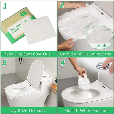 Step-by-step instructions for using disposable toilet seat covers for travel and camping.