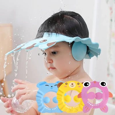 Baby wearing an adjustable soft shower cap with ear protection, enjoying bath time while splashing water.