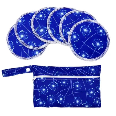 Set of 6 washable nursing pads in blue patchwork design with matching storage pouch for breastfeeding mothers.