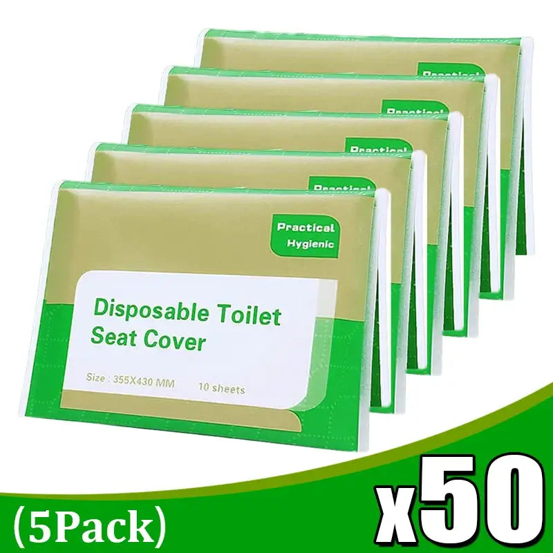 Pack of 50 disposable toilet seat covers, eco-friendly, hygienic, suitable for travel and camping, size 355x430mm.