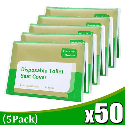 Pack of 50 disposable toilet seat covers, eco-friendly, hygienic, suitable for travel and camping, size 355x430mm.
