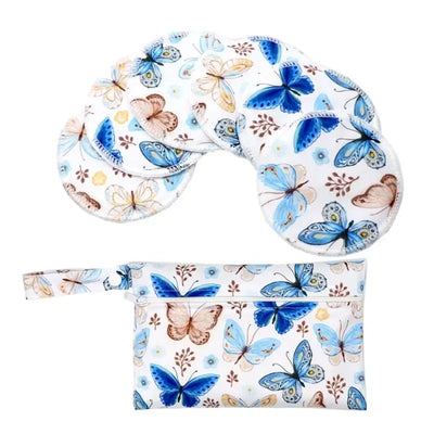 Set of 6 washable nursing pads with butterfly pattern and matching storage pouch, designed for breastfeeding mothers.
