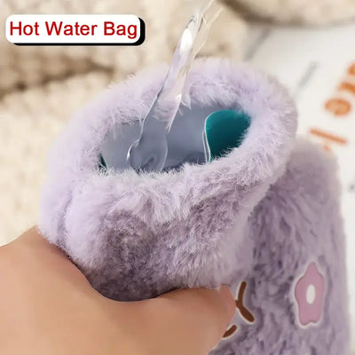 Close-up of cute purple soft hot water bag with flannel cover, perfect for winter hand warming.