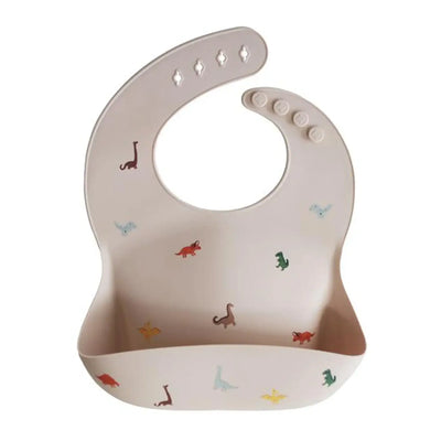 Cute silicone baby bib with colorful dinosaur patterns, adjustable design for feeding toddlers.