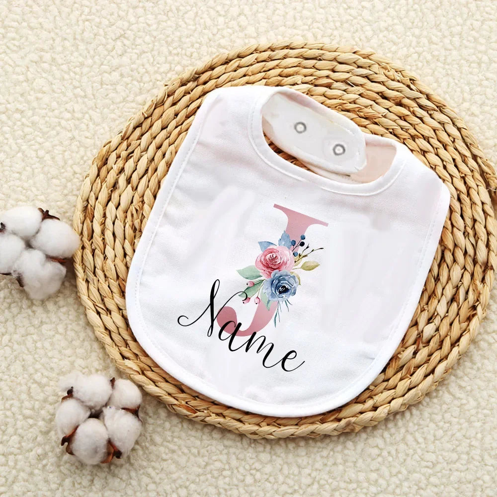Personalised Baby Bibs Custom Initial with Name Girls Cotton Bib Newborn Saliva Towel Flower Print Bib Baptism Baby Shower Gifts
