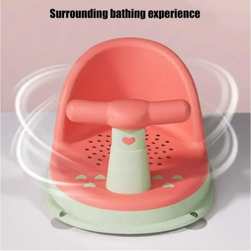 Baby bathtub seat in pink and green with ergonomic design for safe bathing experience, ideal for newborns to 18 months.