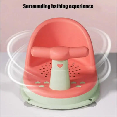 Baby bathtub seat in pink and green with ergonomic design for safe bathing experience, ideal for newborns to 18 months.