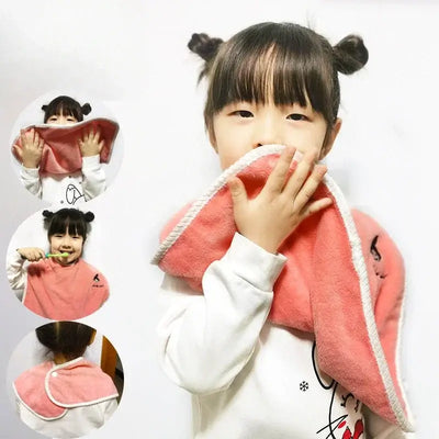 Cute girl using soft cotton baby bib for eating and brushing teeth. Ideal for kids aged 3-8 years.