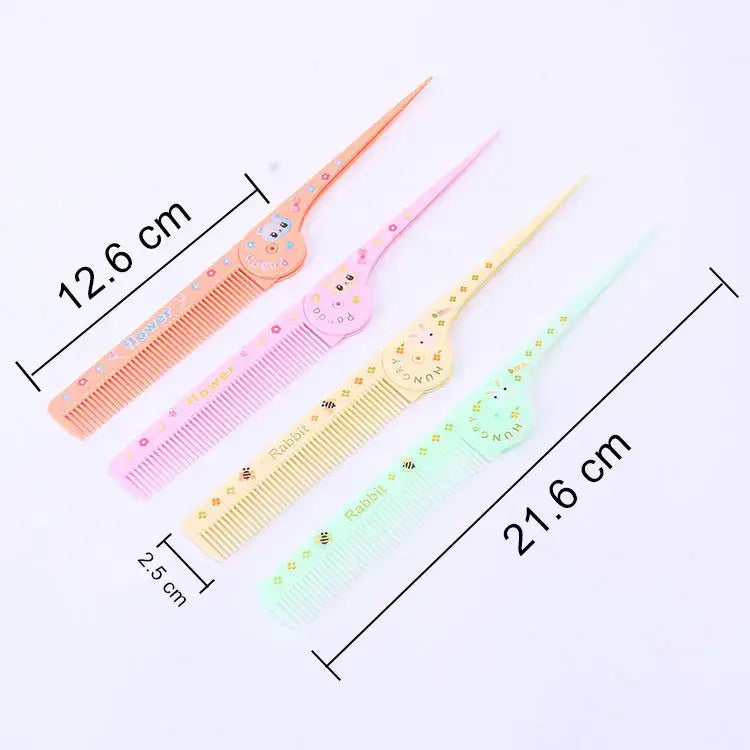 Set of cute cartoon baby hair care brushes in pastel colors, perfect for detangling children's hair.