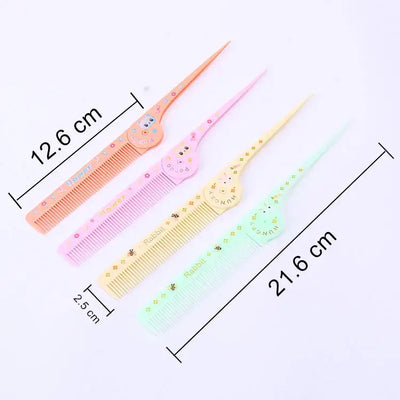 Set of cute cartoon baby hair care brushes in pastel colors, perfect for detangling children's hair.