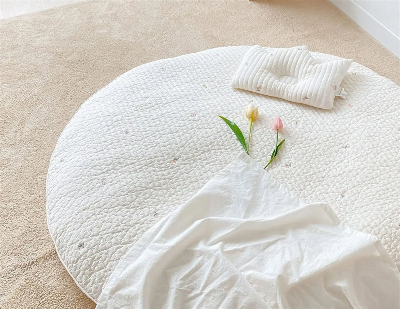 Circular Baby Changing Mat Cartoon Crawling Mat Diaper Pad Washable Floor Mat Rabbit Flower Embroidered Kids Room Decoration