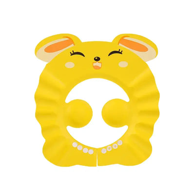 Yellow adjustable baby shower cap in bear design, offers ear protection and comfort for kids during bathing.