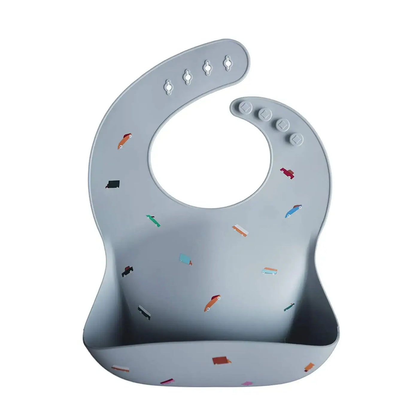 Cute silicone baby bib with colorful cartoon patterns, waterproof and adjustable for toddlers, ideal for mealtime.