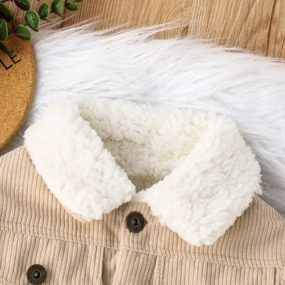 Cozy faux fur collar of a warm jacket for newborn baby boy, showcasing winter fashion details.
