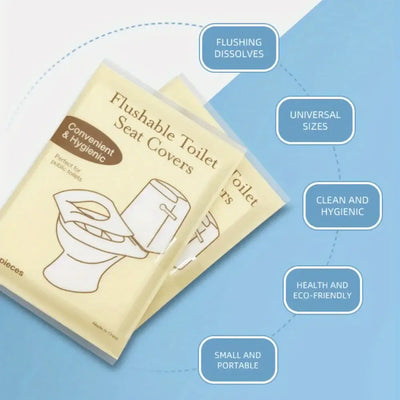 Disposable flushable toilet seat covers, portable and eco-friendly, perfect for travel and hotel use.