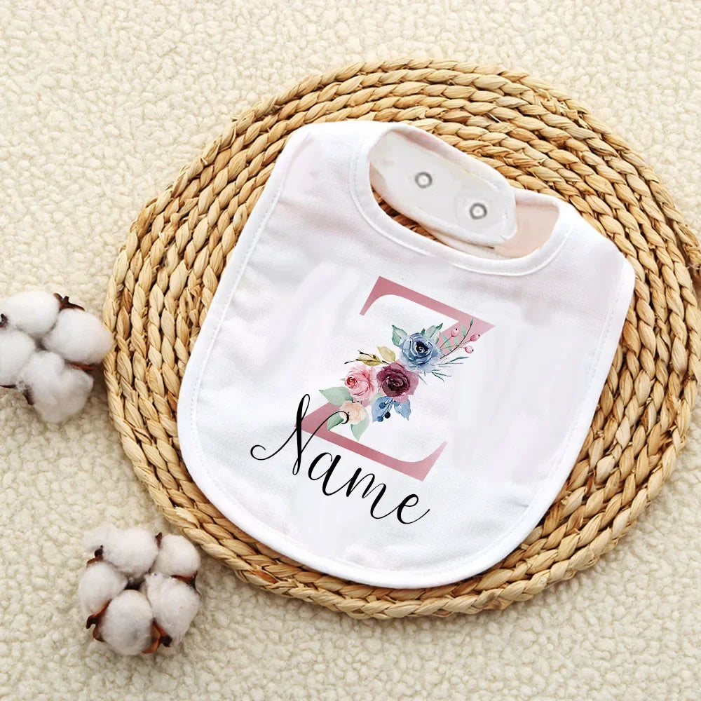 Personalised Baby Bibs Custom Initial with Name Girls Cotton Bib Newborn Saliva Towel Flower Print Bib Baptism Baby Shower Gifts